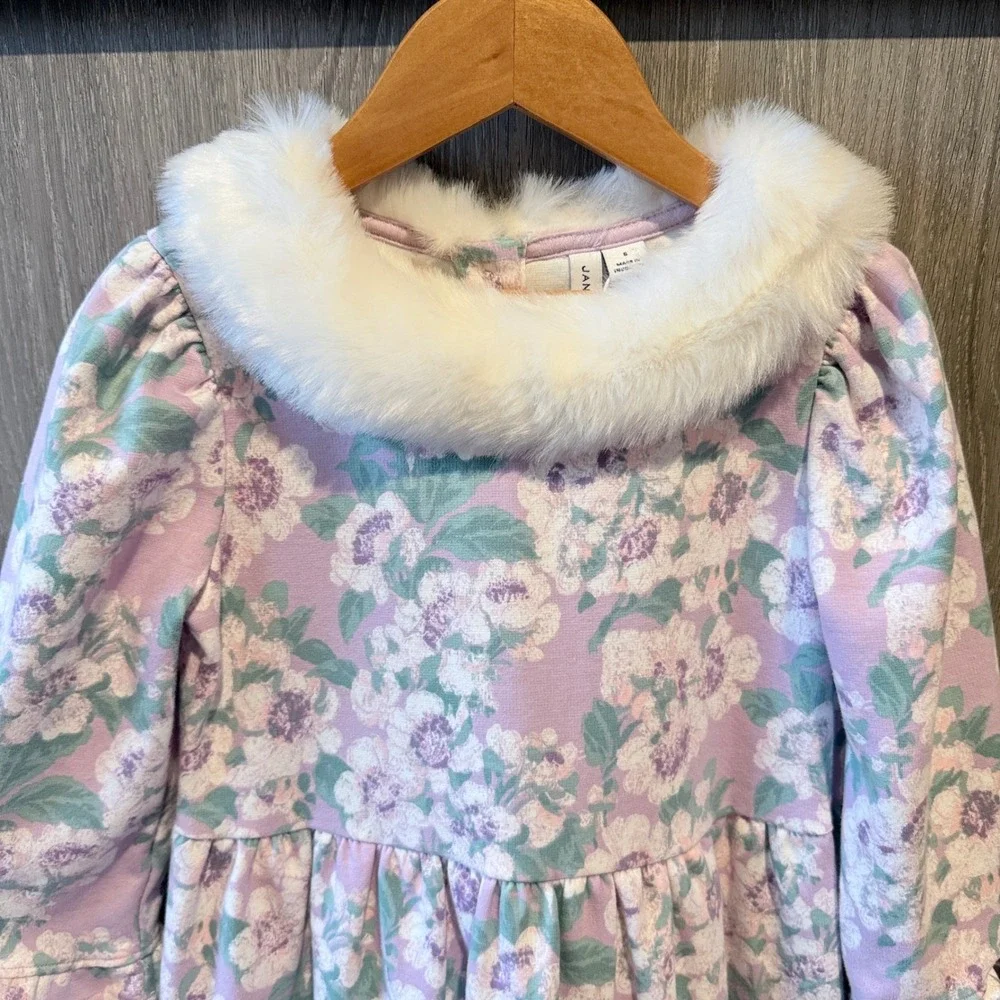 Janie & Jack Floral Dress Girls 8 Purple Faux Fur Collar Ruffle Trim Holiday NWT